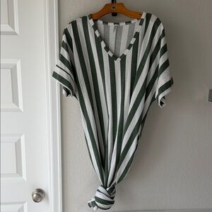Green and White Striped V-Neck Top